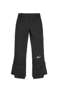 Zwarte sneeuwbroeken met een relaxte pasvorm, voorzien van een rits onderaan en elastische manchetten. Inclusief een wit logo op de linker bovenbeen.