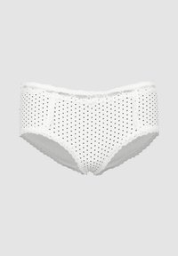 Weiße Baumwollslips mit schwarzen Punkten, Spitzensaum an der Taille und den Beinen, mit einem kleinen Schleifendetail an der Vorderseite.