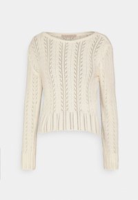 Strickpullover in Cremefarbe mit langen Ärmeln, einem weiteren, runden Ausschnitt und einem strukturierten Muster aus senkrechten, länglichen Öffnungen im gesamten Design.