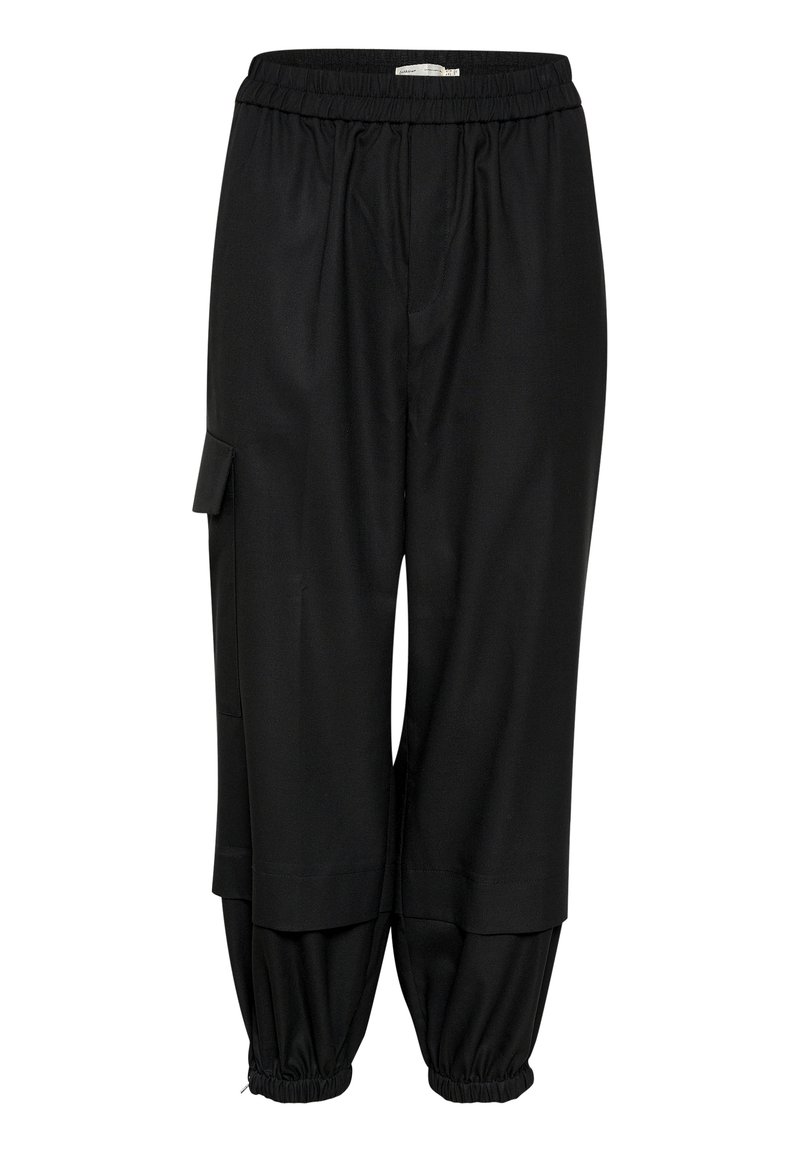 Schwarze Hosen aus einem glatten Material, ausgestattet mit einem elastischen Bund, tapered Cuffs und einer Seitentasche mit Klappendetail.