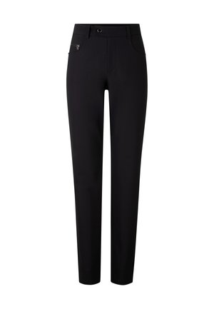 Black trousers made of smooth, stretchy material; straight-leg design with a zippered pocket and a waistband with a circular hardware detail.
