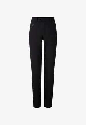 Black trousers made of smooth, stretchy material; straight-leg design with a zippered pocket and a waistband with a circular hardware detail.