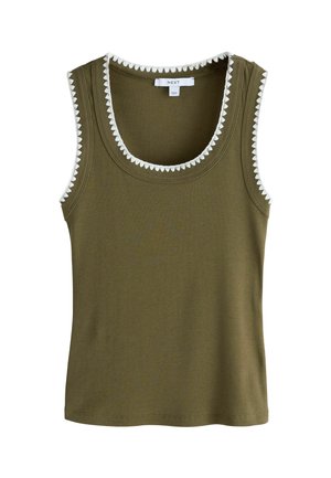 Sleeveless olive green ribbed tank top with white scalloped trim along neckline and armholes.