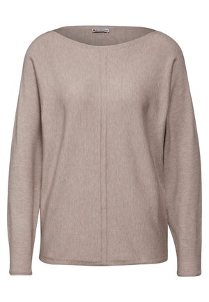 Beige strikket sweater med bred halsudskærning, lange ærmer og lige kant. Har en central søm, der løber lodret ned foran.