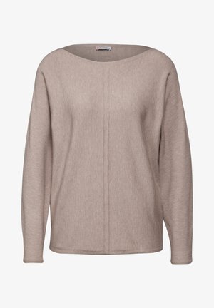 Beige strikket sweater med bred halsudskærning, lange ærmer og lige kant. Har en central søm, der løber lodret ned foran.