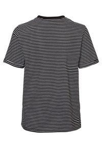 Camiseta de manga corta a rayas en blanco y negro con escote redondo, hecha de una tela suave, con corte recto y costuras limpias.