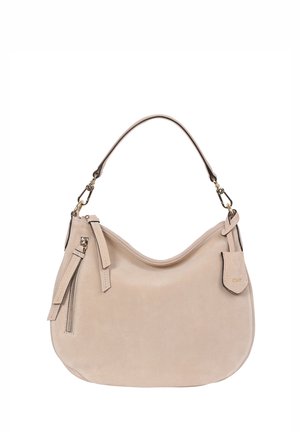 Beige suede handbag with a curved shape, short shoulder strap, zipper detail, and gold hardware accents. Smooth texture with minimal stitching.