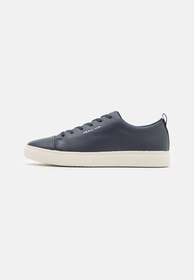 Navy leather sneaker with a round toe, white rubber sole, and tonal laces. Features "PS Paul Smith" logo stitching on the side.