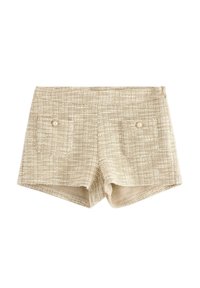Beige tweed shorts med et struktureret mønster, der har to forlommer med knaplukninger og en ren, skræddersyet pasform.