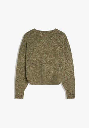 Chunky strikket sweater i blandet olivengrøn og brun garn med lange ærmer og rund halsudskæring.