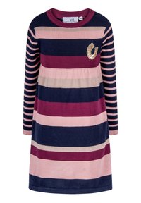 Šaty po kolena s dlouhým rukávem, zdobené horizontálními pruhy v námořnické modré, růžové a burgundské barvě. Pletený materiál; kulatý výstřih; zlatý akcent.