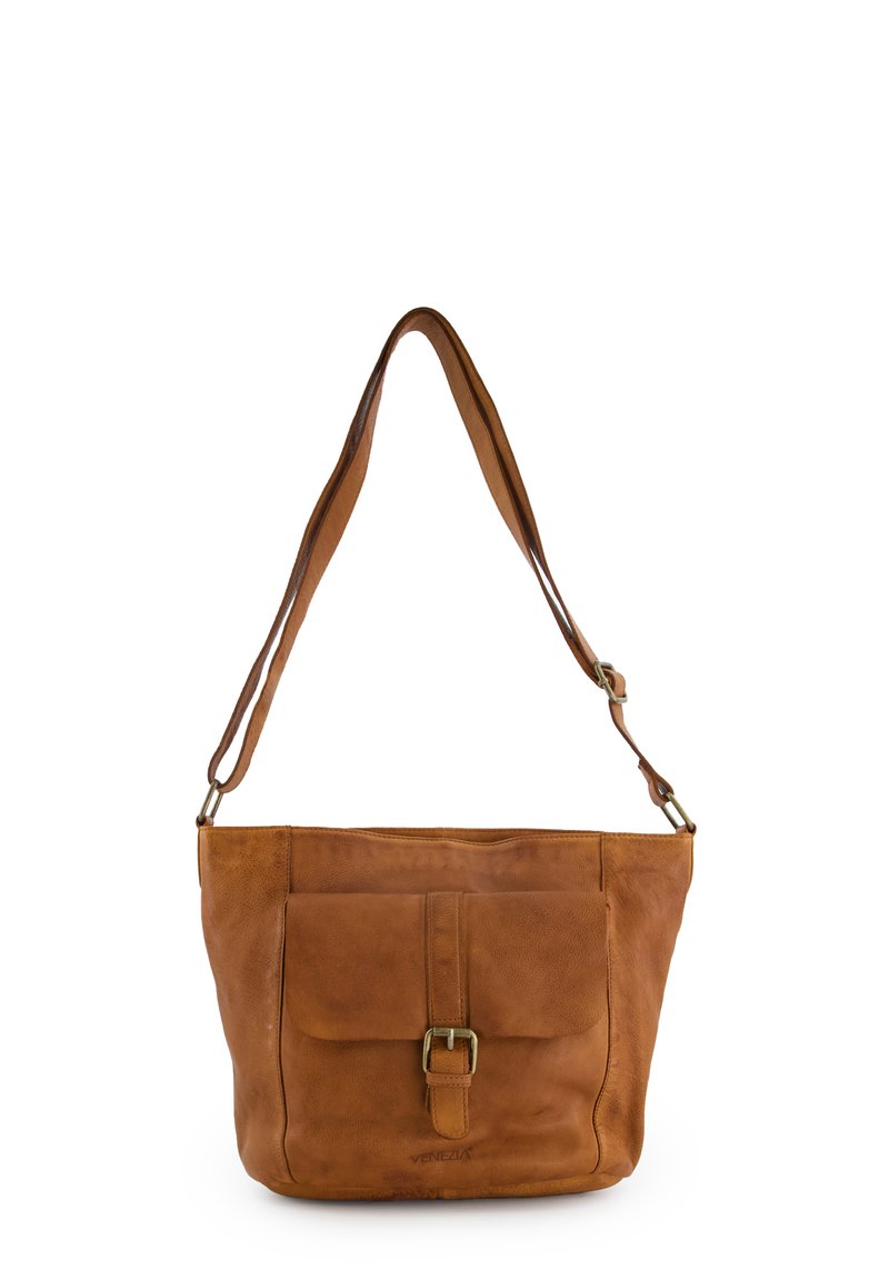 Tan leather shoulder bag with a flat body, a front flap pocket, buckle closure, and a single adjustable strap. Smooth texture with minimal detailing.