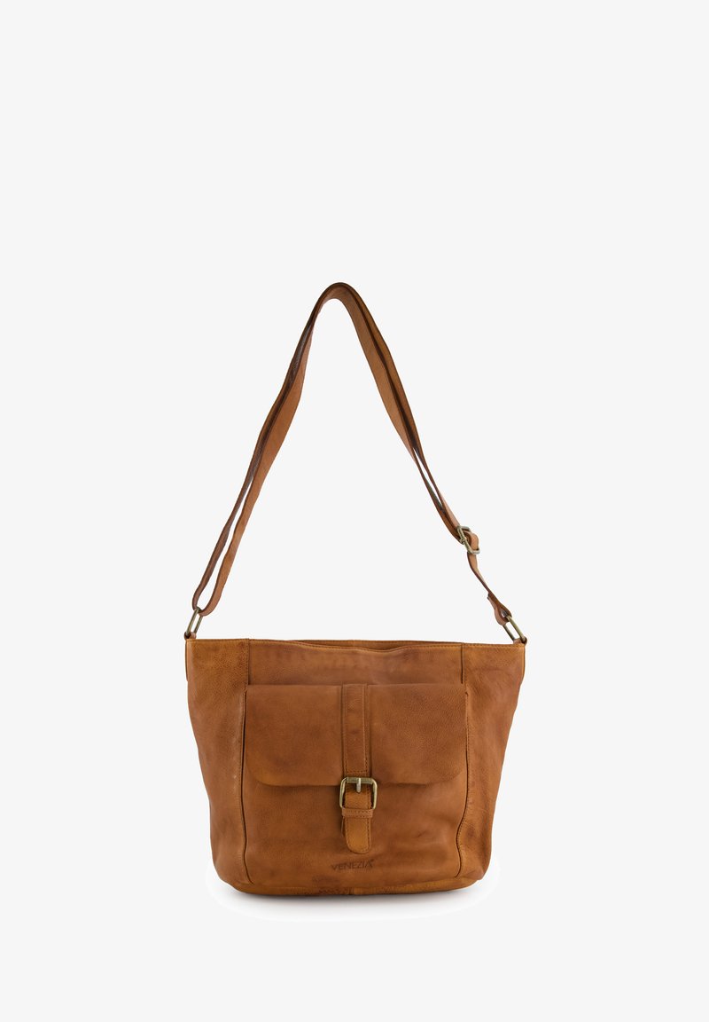 Tan leather shoulder bag with a flat body, a front flap pocket, buckle closure, and a single adjustable strap. Smooth texture with minimal detailing.
