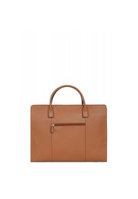 Bruine leren handtas met twee bovenhandvaten, een ritsvak aan de voorkant en een gladde textuur. Rechthoekige vorm met strakke lijnen.