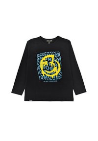 Schwarzes langärmeliges T-Shirt mit einem lebhaften gelben Smiley-Gesicht-Graphic und blauer Schrift. Weiches Baumwollmaterial mit Rundhalsausschnitt und lässiger Passform.