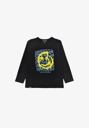 Black long-sleeve t-shirt featuring a vibrant yellow smiley face graphic and blue text. Soft cotton material with a round neckline and relaxed fit.