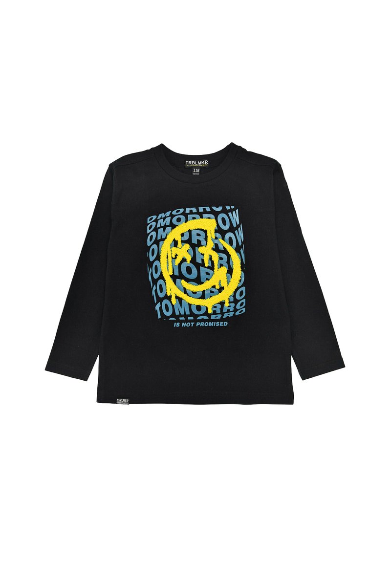 Schwarzes langärmeliges T-Shirt mit einem lebhaften gelben Smiley-Gesicht-Graphic und blauer Schrift. Weiches Baumwollmaterial mit Rundhalsausschnitt und lässiger Passform.