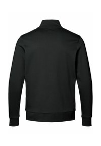 Svart zip-up hettegenser med ribbet krave og mansjetter, laget av slitesterkt stoff. Har en jevn tekstur og strikkede detaljer nederst.