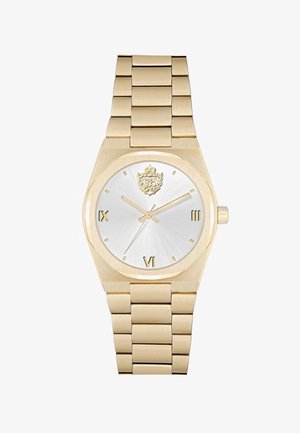Gold metal watch featuring a silver dial, octagonal case, prominent lion emblem, Roman numerals, and a brushed link bracelet.