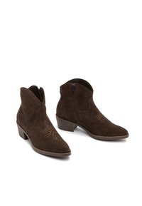 Brown suede ankle boots with pointed toes, side zippers, and decorative tan stitching. Low block heels and smooth texture.