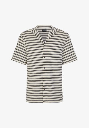 Korte mouw overhemd in crème met zwarte horizontale strepen. Bevat een notch-kraag en een subtiele textuur in de stof.