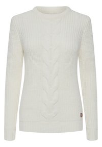 Off-white kabelstrikket genser med rund hals, teksturert mønster og ribbede mansjetter. Har en merkevarelogo på den nedre siden.