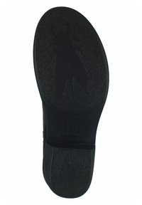Suola di scarpa in gomma nera con una finitura testurizzata. Presenta un logo di mosca in rilievo e un tacco piatto, adatta per calzature casual.