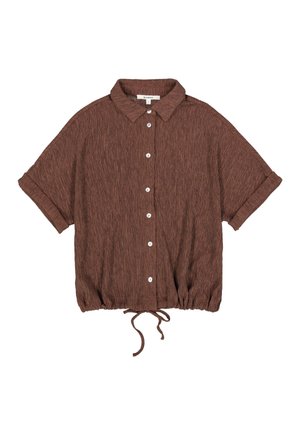 Bruin, kortärmelig overhemd met een kraag, knoopsluiting aan de voorkant, gestructureerde stof en verstelbare zoom met trekkoord.