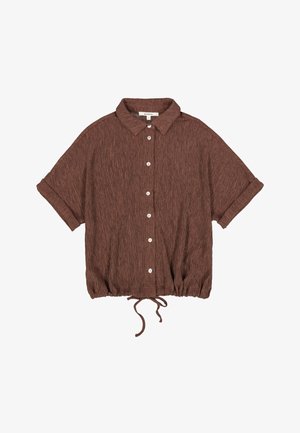 Bruin, kortärmelig overhemd met een kraag, knoopsluiting aan de voorkant, gestructureerde stof en verstelbare zoom met trekkoord.