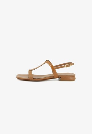 Sandalo basso in pelle marrone con punta quadrata, design con cinturino a T, fibbia regolabile alla caviglia e tacco basso a blocchetto.