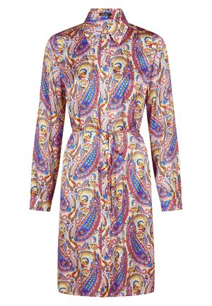 Long-sleeve button-up dress with multicolored paisley pattern in blue, red, yellow, and pink, featuring a collar and waist tie belt.