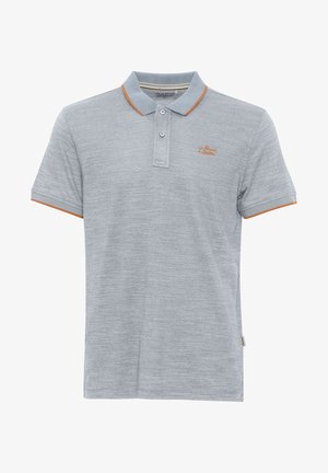 Gray polo shirt with orange trim at the collar and sleeves. Features a textured fabric and two buttons at the neckline.