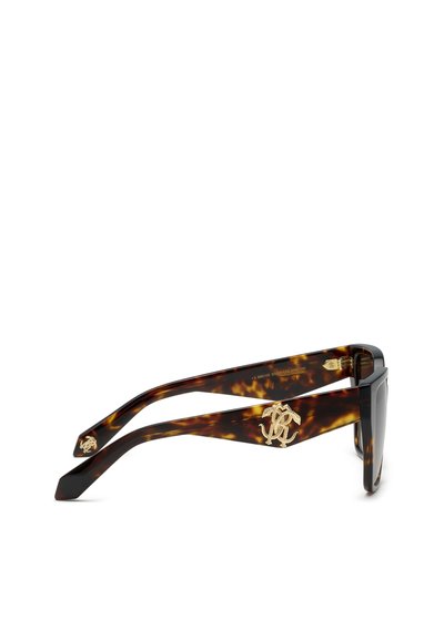 Lunettes de soleil en écaille avec des branches épaisses, avec un logo de marque de luxe doré sur la branche et la pointe, présentées sur fond blanc.