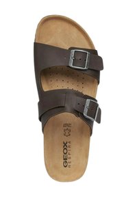 Sandali marroni con due cinturini regolabili, fibbie in metallo e una soletta imbottita color beige. Presentano perforazioni per la traspirabilità.