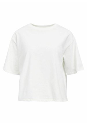 Camiseta blanca de algodón con mangas cortas, cuello redondo, corte relajado y dobladillo recto. Textura suave y diseño minimalista.