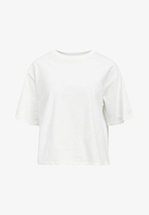 Bílý bavlněný tričko s krátkými rukávy, kulatým výstřihem, uvolněným střihem a rovým lemem. Hladká textura a minimalistický design.