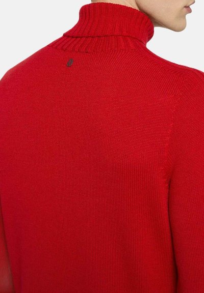 Maglione rosso a maglia con colletto alto, tessuto strutturato e dettagli di cucitura discreti sul retro, che mettono in mostra una vestibilità aderente e linee pulite.