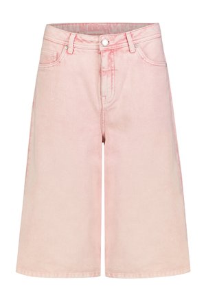 Hellrosa Denim-Bermuda-Shorts mit Vorderknopf, Reißverschluss, Gürtelschlaufen und fünf Taschen.