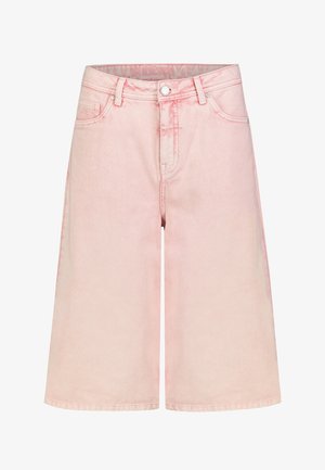 Hellrosa Denim-Bermuda-Shorts mit Vorderknopf, Reißverschluss, Gürtelschlaufen und fünf Taschen.