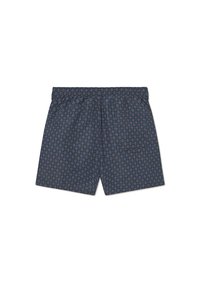 Boxeri de culoare albastru închis cu un model circular peste tot, în roșu și alb, cu talie elastică și un singur buzunar la spate.