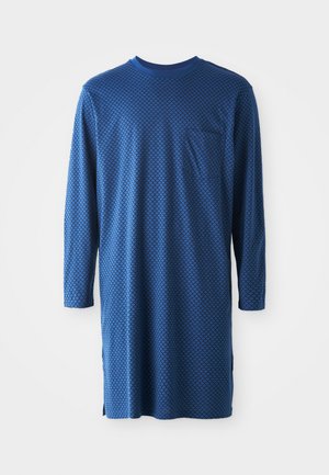Long-sleeve shirt in blue, featuring a diamond pattern, round neckline, and side slits for ease of movement. Soft fabric texture.