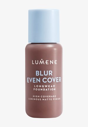 Flacon de fond de teint Lumene Blur Even Cover longue tenue, à haute couvrance et finition mate lumineuse, avec un bouchon bleu clair.