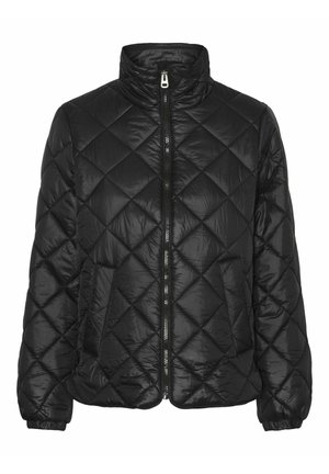 Black quilted puffer jacket with high collar, front zipper closure, and elastic cuffs. Features a shiny, smooth texture and diamond pattern.