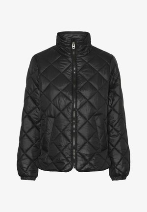 Must mustriga puffer-jakk musta värvi, millel on kõrge kaelus, esi lukuga sulgemine ja elastsed mansetid. Omab säravat, sujuvat tekstuuri ja teemantmuster.