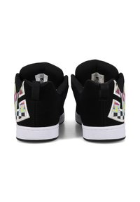 Pair of black sneakers with white soles, colorful geometric and checkered patterns on sides, shown from the back on a white background.