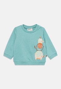 Türkisfarbener Langarm-Sweatshirt aus weichem Stoff, mit einem verspielten, gestickten Design von übereinander gestapelten Tieren in verschiedenen Farben.