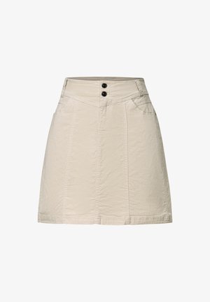 Khaki spódnica wykonana z teksturowanej tkaniny, z dopasowaną talią, dwoma przednimi kieszeniami i dwoma czarnymi guzikami zapięcia na górze.