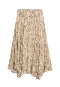 Gonna beige con un design fluido, caratterizzata da un motivo a linee ondulate in marrone scuro. Tessuto leggero con una cintura larga e orlo svasato.