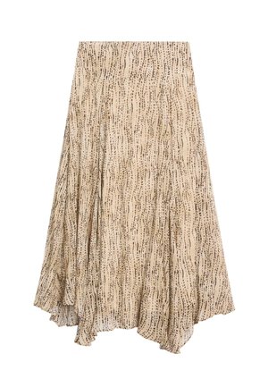 Gonna beige con un design fluido, caratterizzata da un motivo a linee ondulate in marrone scuro. Tessuto leggero con una cintura larga e orlo svasato.