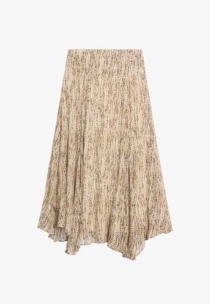 Beige skirt with a flowing design, featuring a wavy line pattern in dark brown. Lightweight fabric with a wide waistband, flared hem.